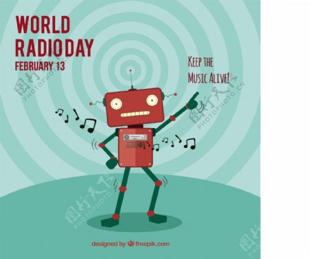 世界无线电日背景与机器人跳舞