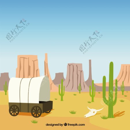 沙漠背景与马车和落基山脉