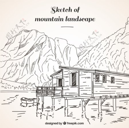山水背景与手绘小屋