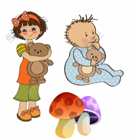 抱着小熊的儿童蘑菇