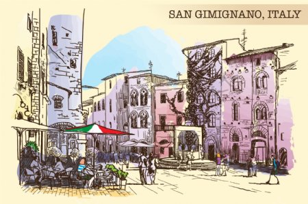 彩绘圣吉米尼亚诺城市风景矢量图