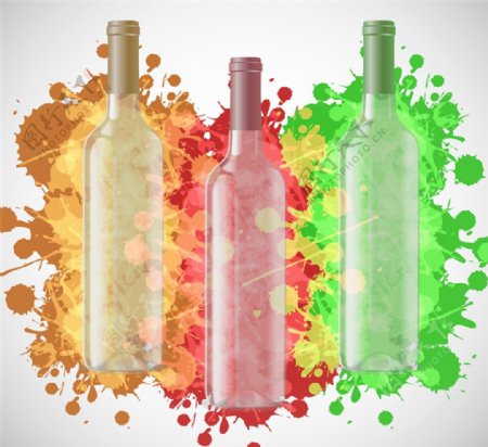 水彩墨迹和葡萄酒瓶矢量图