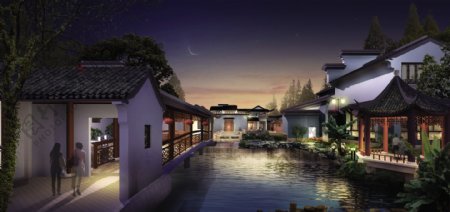 中国古典园林夜景效果图片