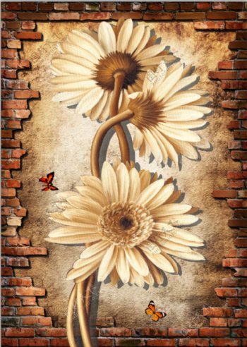 菊花破砖墙蝴蝶