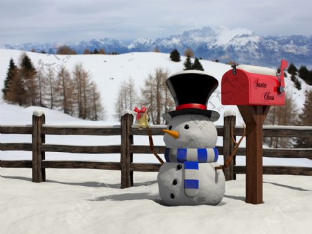 雪地上的雪人与邮箱图片