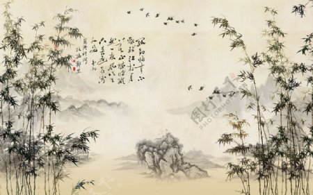 竹林飞鸟中国画背景墙