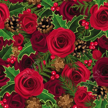 红玫瑰和枸骨无缝背景矢量素材