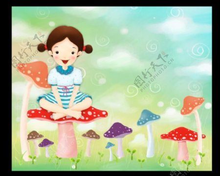 坐在蘑菇上的卡通女孩