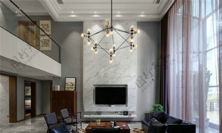 现代简约客厅吊灯电视墙设计图