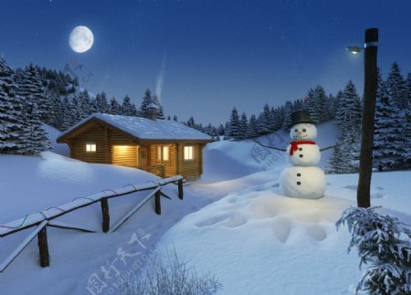 冬天木屋与雪人