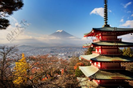 日本富士山与塔建筑图片