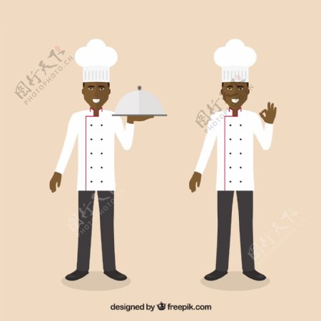 手绘厨师角色两种姿势背景