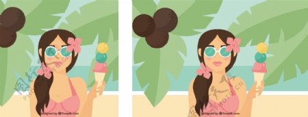 夏天椰树女孩与冰淇淋背景