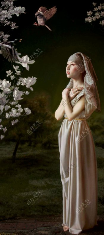 祈祷的少女油画图片