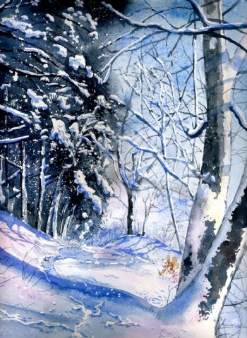 油画冬天树林图片