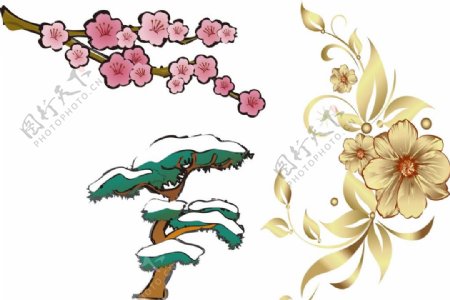 梅花松树手绘花朵
