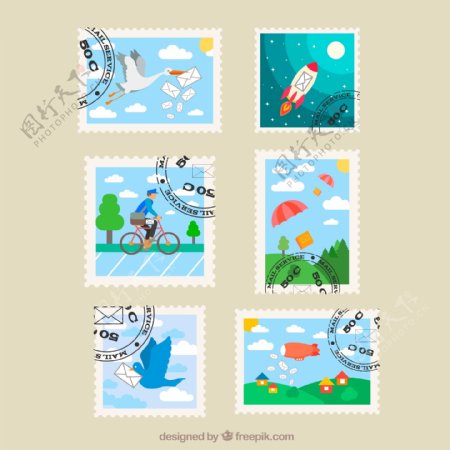 6款清新盖邮戳的邮票设计矢量素材