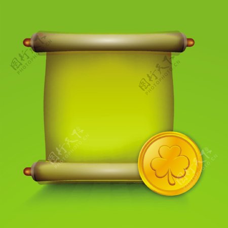 快乐的圣巴特里克节的概念和在有光泽的绿色旗帜背景金币