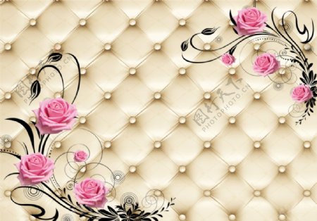 3D玫瑰花纹软包背景墙