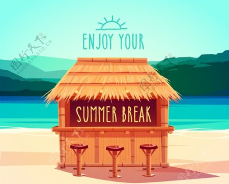 夏季沙滩茅草屋海报