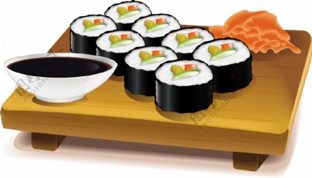 方桌上的寿司和碗插画