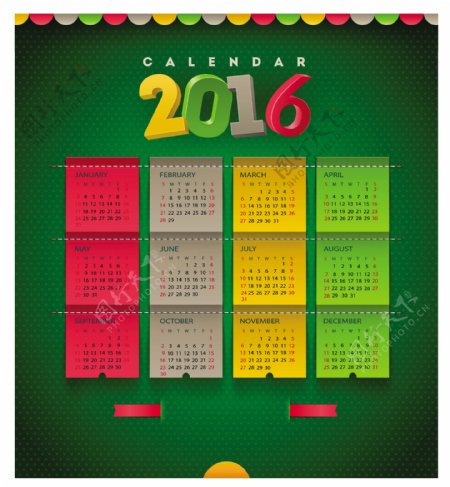 2016年绿色背景的日历模板