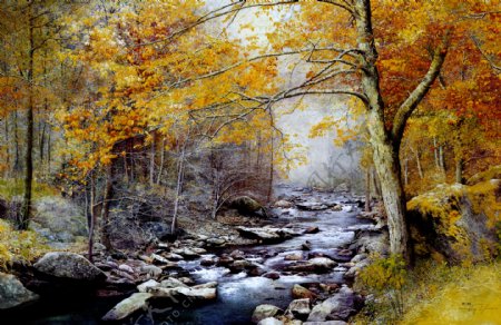 秋天树林小溪风景油画