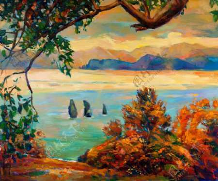 湖泊风景油画