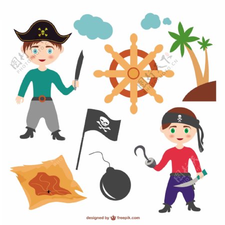 五颜六色的海盗小孩和黑色旗帜