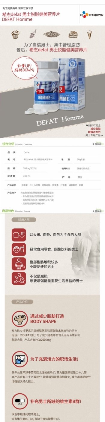 韩国希杰男士脱脂健美营养片详情页设计