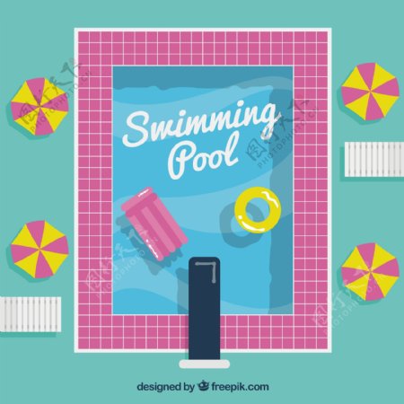 具有浮动背景的粉色边框的游泳池