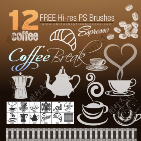 12个咖啡壶咖啡杯Photoshop笔刷素材