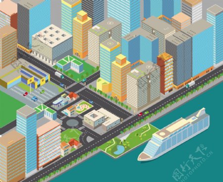 城市建筑群模型立体俯视图矢量素材