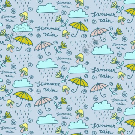 彩绘雨云和雨伞无缝背景矢量