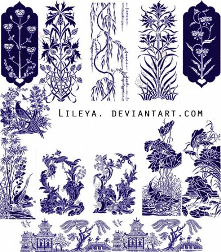 漂亮的版刻式植物花纹图案photoshop笔刷素材