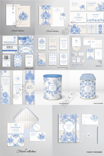 古典蓝色花朵花纹设计矢量素材