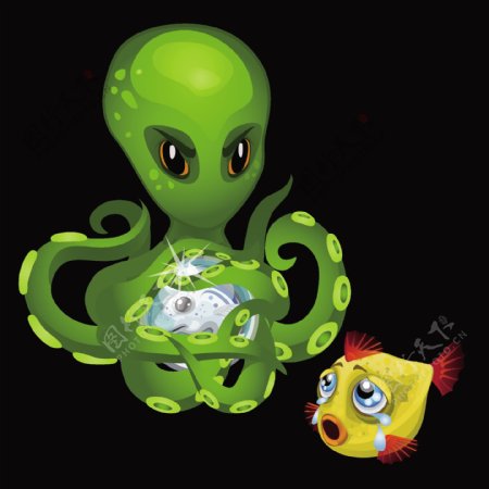 一只绿色的章鱼和一只黄色的鱼