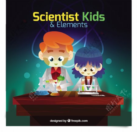 有趣的科学家孩子与元素
