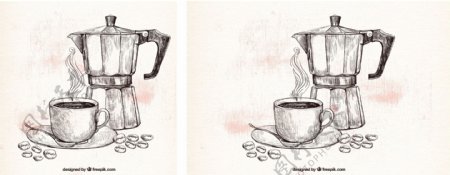 咖啡壶和杯子素描背景