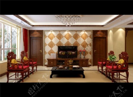 中式客厅3D模型室内模型