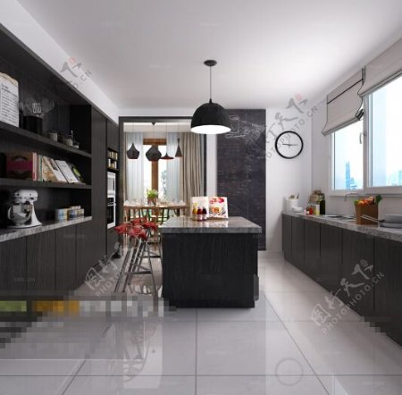 代风格家装设计厨房餐厅效果图设计素材
