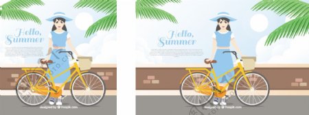 女孩和黄色的自行车自然背景