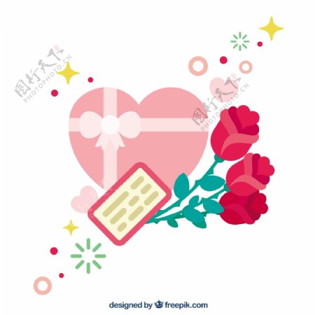 可爱的背景玫瑰和心形盒子