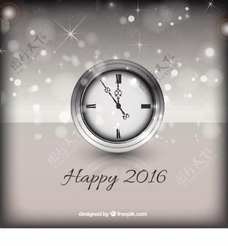 新年快乐背景有一个银色的钟