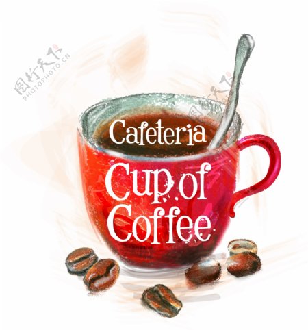 手绘咖啡和咖啡豆