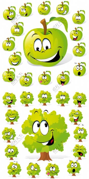 各种卡通表情苹果小树