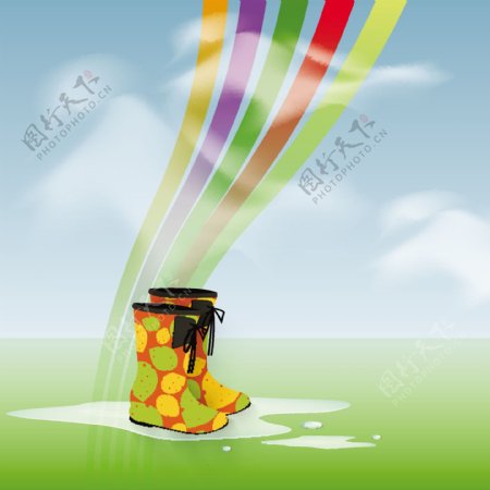 摘要背景与雨季丰富多彩的靴子和彩虹