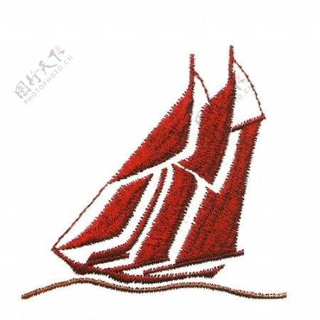 绣花色彩红色交通工具帆船免费素材