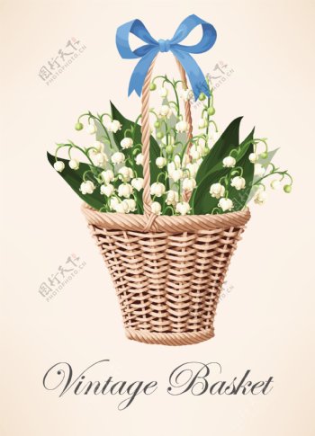 竹篮里的鲜花插画矢量素材下载