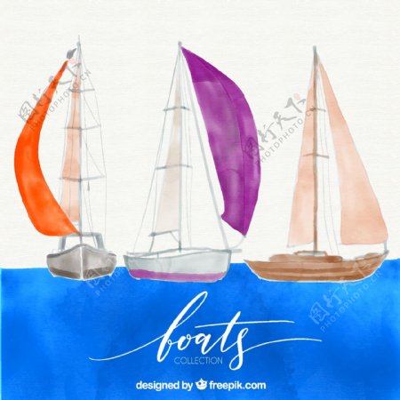 水彩画三个帆船蓝色背景矢量素材